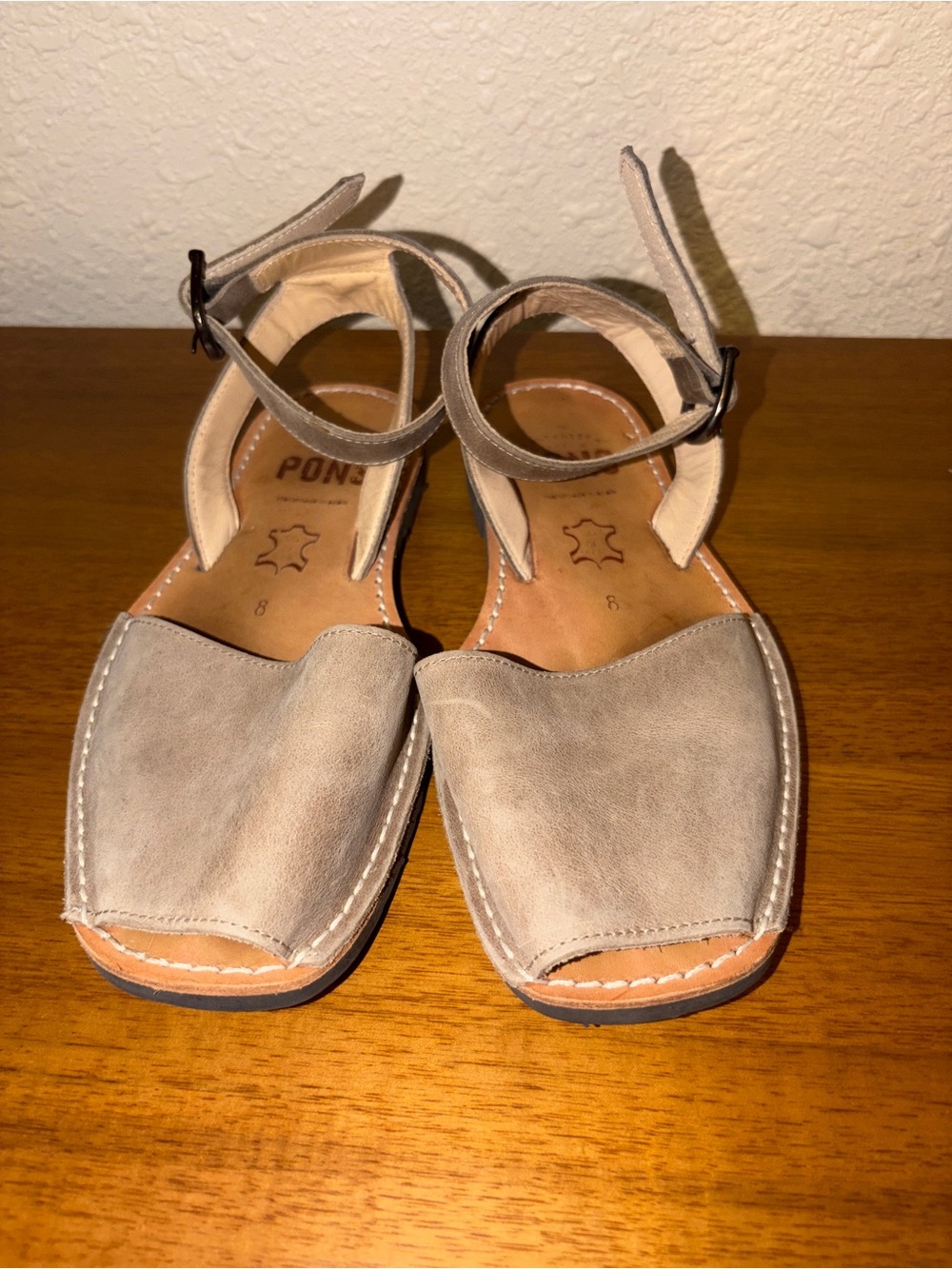 Pons Avarcas Women's Leather Ankle-Strap Sandals in Grey Taupe Size 8